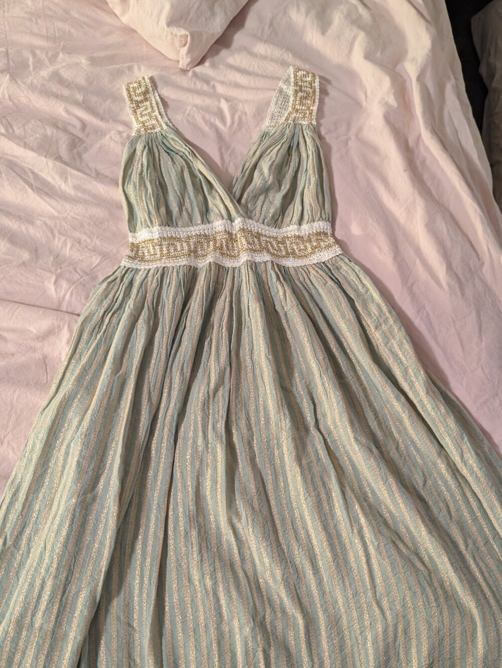 Boho Sleeveless V-Neck Maxi Dress in Light Sage with Gold Trim F